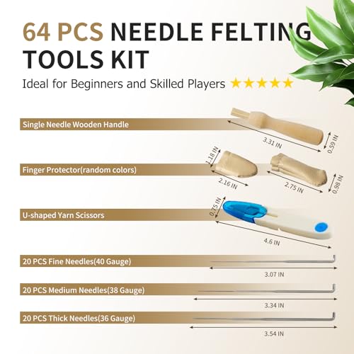image for UIRNCO 64 PCS Felting Needles Set in 3 Sizes - 20 Needles per Size, In