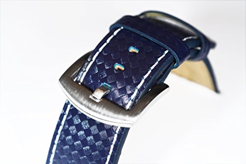 Hecha a mano (Fibra de Carbono Estampado watchstrap de vaca) (con costura de contraste), color blanco (Azul Marino) hebilla de acero inoxidable