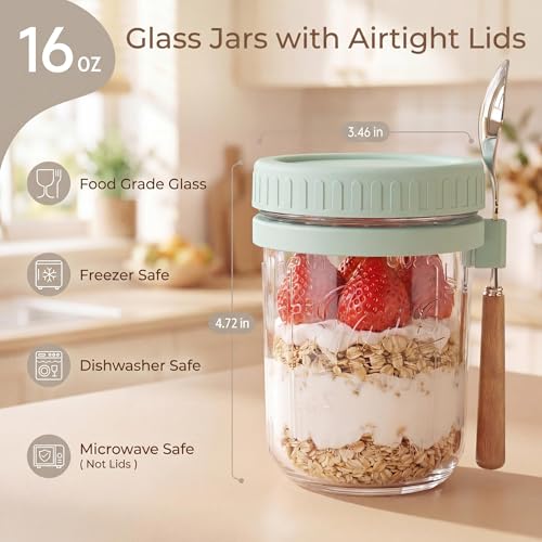 Image of 16oz Glass Overnight Oats Containers with Lids & Spoons, 4 Pack MultiColor | Wide Mouth Glass Jars with Airtight Lids, Perfect for Chia Pudding, Yogurt, Salad & Cereal Meal Prep Storage, Food Safe