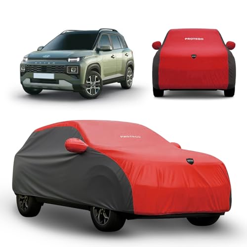 Image of PROTEGO Prime Series India's 1st Anti-Tear Car Cover for Hyundai Exter | Heavy-Duty, Custom Fit, All Weather Protection | 100% Waterproof, Windproof & Hail Resistant | 2-Year Warranty | Red + Black
