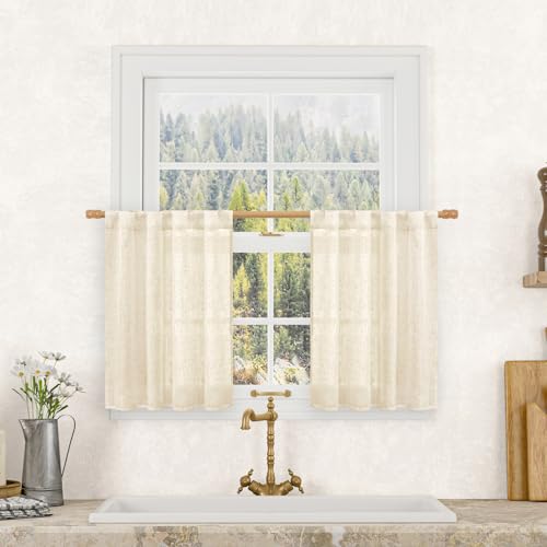 LAMIT Beige Linen Cafe Curtains 24 Inch Length, Semi Sheer Light Filtering Window Panels Back Tab and Rod Pocket Drapes for Kitchen/Small Windows, 25 x 24 Inch, 2 Panels