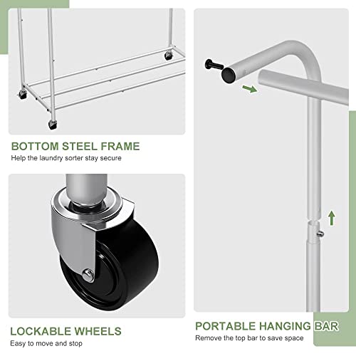 Hidodo Laundry Sorter 4 Sections, Rolling Laundry Sorter Cart With Hanging Bar, Laundry Organizer Hampers For Laundry Room (Greyish Green) #TOP4