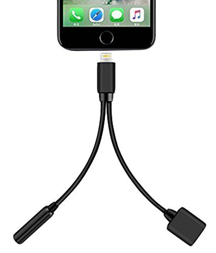 KPAO 2in1 Lightning to 3.5mm Audio Adapter and Lightning Charging Port for iPhone Support iOS 10.3 (Black)