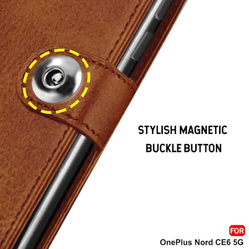 Image of TheGiftKart Genuine Leather Finish Flip Back Cover Case for OnePlus Nord CE 6 5G | Inbuilt Pockets & Stand | Wallet Style | Designer Button | Flip Back Cover for OnePlus Nord CE6 (Faux Leather, Brown)