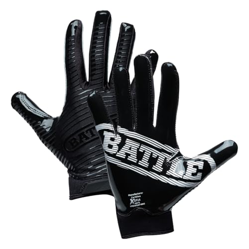 Battle Sports Doom 1.0 Wide Receiver Football Gloves, Ultra Stick Adult & Youth Gloves - Youth Medium, Black