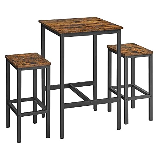 VASAGLE Bar Table and Chairs Set, Square Bar Table with 2 Bar Stools, Dining Pub Bar Table Set for 2, Space Saving for Kitchen Breakfast, Living Room, Party Room, Rustic Brown and Black 27 VASAGLE Bar Table and Chairs Set, Square Bar Table with 2 Bar Stools, Dining Pub Bar Table Set for 2, Space Saving for Kitchen Breakfast, Living Room, Party Room, Rustic Brown and Black