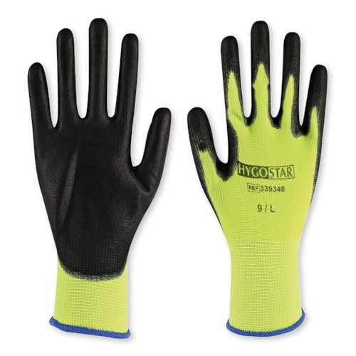 FRANZ MENSCH 24 Stück Hygostar Feinstrickhandschuhe Neon Ace | PU-Beschichtung, Packung, gelb-schwarz, 10/XL, L: 26cm, Arbeitshandschuhe, Montagehandschuhe, Nylonhandschuhe