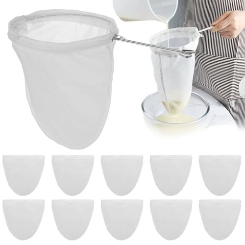 LDXDRU 10Pcs Extra Fine Mesh Strainer Bags with Handle, Reusable Cheesecloth Bag, Kitchen Strainer Filter for NutMilk, Coffee, Milk, Tea, Juices and Fresh Cheese, Large, White