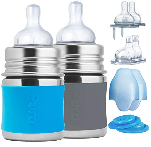 Pura Stainless Starter Gift Set with 5oz 150 ml Stainless Steel Infant Bottles(2) Silicone Slow-Flow Nipples(2), Medium-Flow Nipples(2), XL Sipper Spouts(2) Sealing Disks(2), Sleeves(2)- Aq&Grey