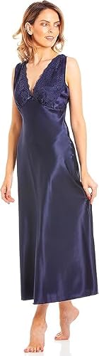 Slumber Hut Womens Satin & Deep Lace Long Chemise Nightdress With Build Up Shoulder Navy 14-16