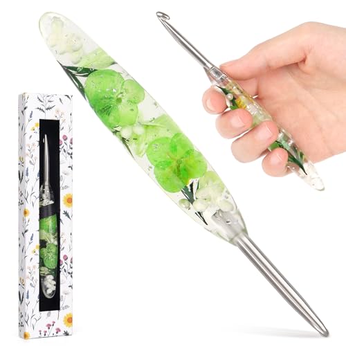Image of Katech 5.5mm Crochet Hook for Arthritic Hands,Hand-Polished Stainless Steel | Ergonomic Crochet Hooks with Customized Sparkle Dried Floral Grip, Smooth Tapered Hook-Crochet Gift for Beginner & Crocheter