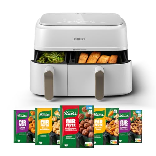 Philips Airfryer Dual Basket 3000 Serie Heißluftfritteuse, Weiß, 9 L& Free Knorr Air Fryer Fix Set