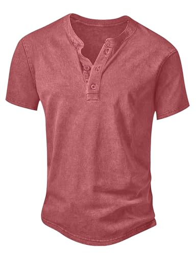 Image of NITAGUT Men's Distressed Henley Shirts Vintage Short Sleeve T-Shirts Washed Cotton Casual V-Neck Button Tee Shirts,Red02,2XL