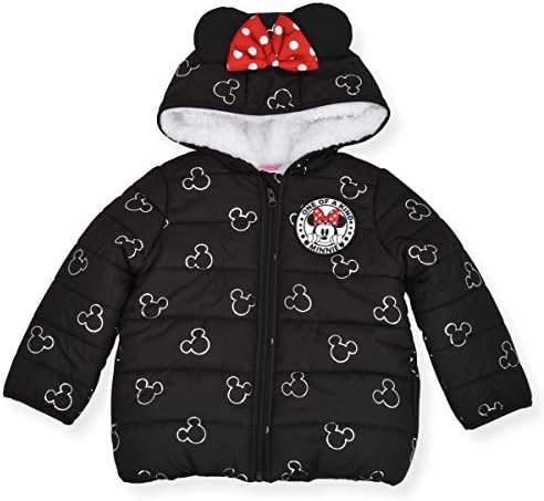 Disney Girl's Minnie Mouse Print Hooded Puffer Jacket with Ears and Red Bow, Black, Size 2T