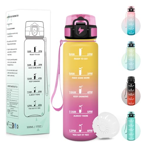 Baramumu Gourde, 500ML Sans BPA, Gourde Enfant, Avec Horodatage, Bouteille Anti Fuite, Conception de Verrouillage Anti-Fuite, Bouteille plastique pour École, Yoga, En cours d'exécution - Jaune&rose
