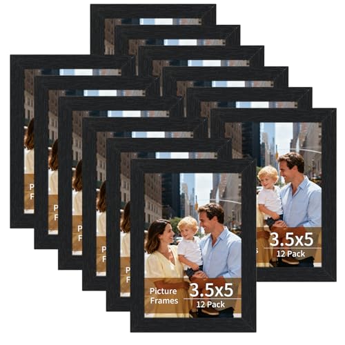 Lyeasw 3.5x5 Picture Frames Black 12 Pack, 3.5 x 5 Photo Frame Matte Wood Grain, Bulk 3.5 by 5 frames for Wall Hanging or Tabletop Display