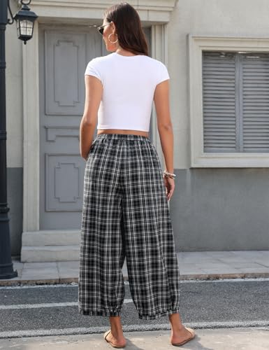 Image of TARSE Women's Plaid Cotton Linen Wide Leg Pants with Pockets | Plaid Barrel Leg Loose Harem Pants, Elastic Drawstring Waist, Casual Boho Summer Capri Palazzo