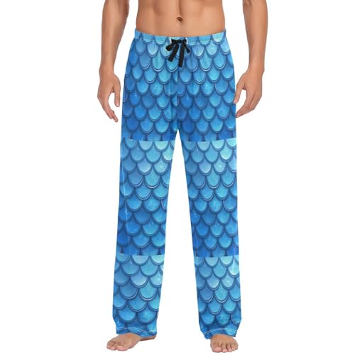 Men’s Blue Mermaid Scales Pajama Pants with Pockets, Comfortable Lounge Sleep Bottoms#313 - Main Image