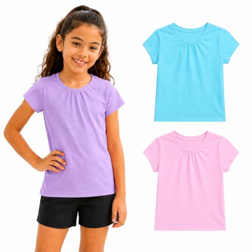 Image of Bienzoe Plain Solid Girls T-Shirts: School Basic Tee 3-Pack | Short Sleeve, Ages 4-13, PE, Recess, Outdoor Play, Soft Cotton Blend, Breathable Quick-Dry, Easy Care, Easy to Mix and Match