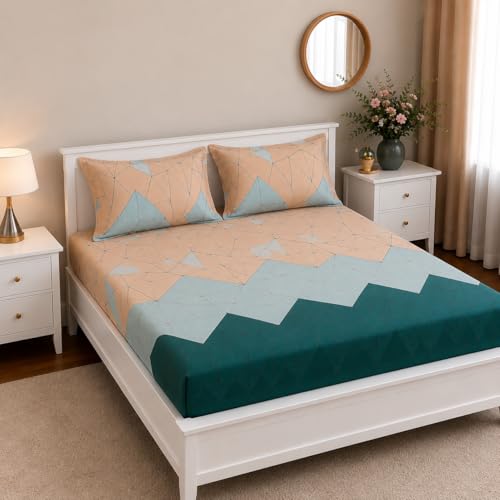 Image of Diamond Check Fitted Bedsheet for Double Bed with 2 Pillow Covers | Premium Soft Feel | Elegant Blue Geometric Design | Elastic All Around with Deep Pocket Fit | King Size 72x78 Inches
