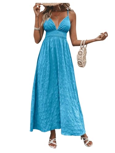Image of Milumia Women's Summer V Neck Backless Maxi Dress Boho Spaghetti Strap A Line Flowy Beach Long Sundress