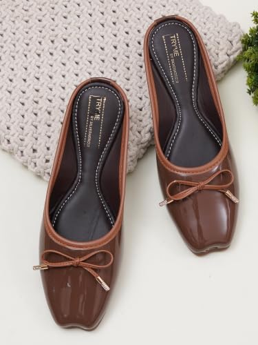 Image of TRYME Elegant Women's Glossy Patent Slip-On Mules with Bow Detail | Comfortable Flat Sandals for Office, Casual & Daily Wear