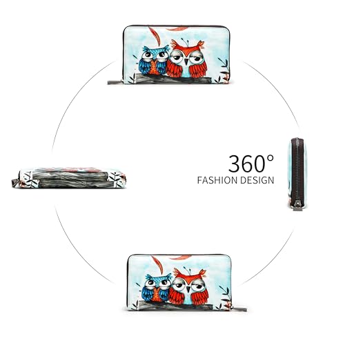 Womens Wallet RFID Credit Card Holder Travel Leather Zipper Wallets for Women Owl2