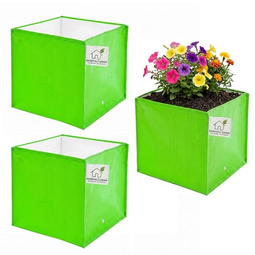 Image of Square Shape Grow Bags 15x15x15 Inch 260 GSM HDPE UV Protected Green Plant Grow Bags for Home Kitchen Garden Pack of 3