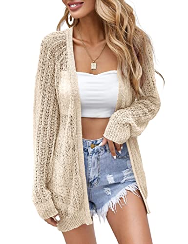 Women's Crochet Cardigan Sweater Long Sleeve Open Front Lightweight Boho Cover Up Summer Knit Cardigans