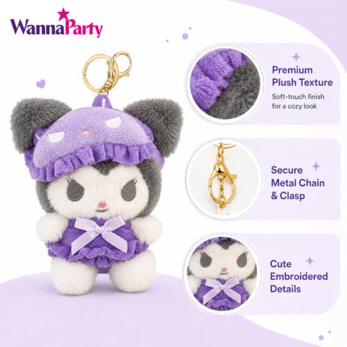 Image of Wanna Party Cute Kawaii Plush Keychain, Soft Black & White Character Bag Charm with Purple Outfit