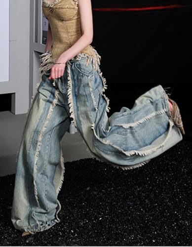 Women's Splicing Tassel Y2K High Waist Loose Jeans Street Hot Girl Fashion Cowboy Pants4