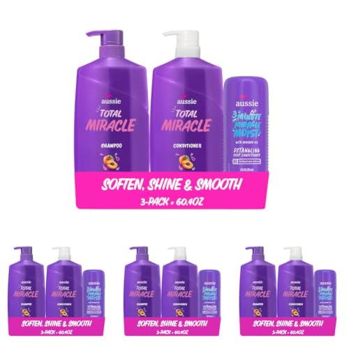 Aussie Total Miracle Hair Care Bundle: Shampoo, Conditioner, and 3 Minute Deep Treatment with Apricot & Macadamia Oil, Paraben-Free for Damaged Hair, 26.2 & 8 Fl Oz, Total 60.4 Fl Oz (Pack of 4)