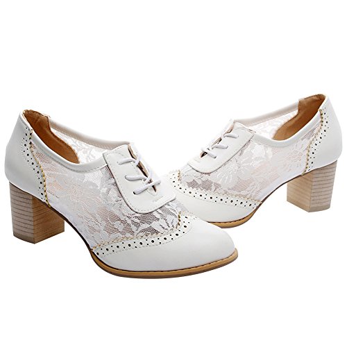 ANUFER Womens Elegant Lace Bridal Wedding Shoes Block Heel Oxfords Dress Shoes - Image 4