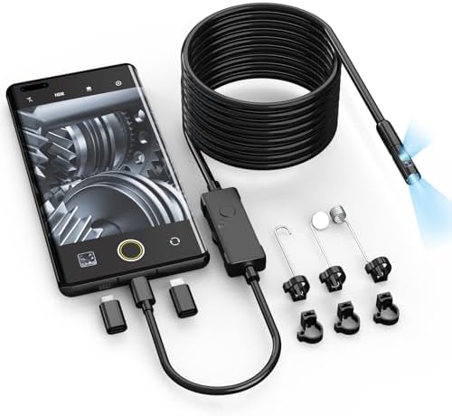 Endoskopkamera mit Licht, KAIWEETS Dual-Lens 1920P Inspektionskamera mit 5 IPS Split-Screen, 8 mm IP67-wasserdichtem Kamerakopf, 5 m abnehmbarem halbstarrem Kabel und 4000 mAh Akku für Auto, Rohr