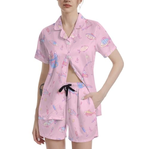 Image of Funny Pajamas for Women Set Print Satin Loungewear Pjs Short Sleeve Button Down Top and Shorts Sets Sleepwear XS-3XL