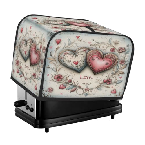 Mexpekil Housse pour grille-pain 4 tranches, vintage, deux cœurs et fleurs, accessoires de cuisine, protection étanche à la poussière pour machine à pain