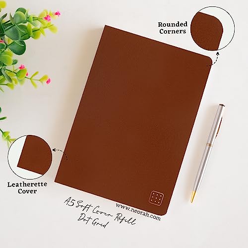 Image of NEORAH - A5 Dotgrid Notebook SOFT COVER | Organiser REFILL | Dotted notebook Journal | 110 GSM | 160 pages (Size 21 cm x 14.8 cm)Planner Journaling Writing Note Taking Diary, Travellers Journal- BROWN