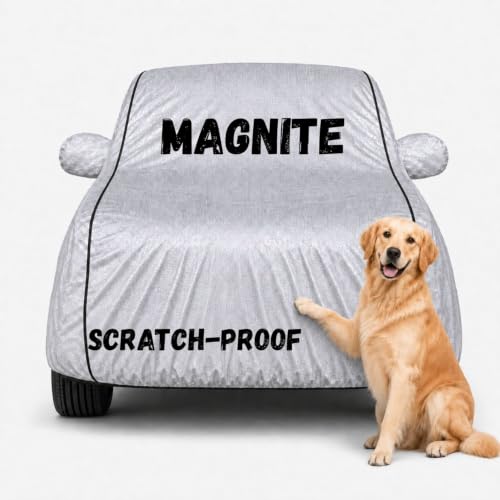 Image of Waterproof Car Cover for Magnite | Soft Cotton Lining Heavy Duty Triple Stitched Heat Resistant Outdoor Cover Comes with Mirror and Antenna Pocket Full Bottom Elastic (Zig Zag Silver)