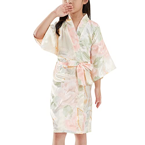 Girls Silky Satin Kimono Robe Cute Flower Graphic Nightgowns Bathrobe with Belt Soft Summer Loungewear Pajamas Dress