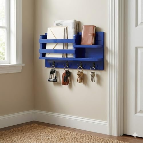 Image of Key Holder for Wall with Mail Shelf & 4 Hooks | Engineered Wood (Blue, Elegant Mail Organizer - 35.5 x 9 x 23 cm)