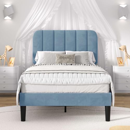 Image of VECELO Twin Size Bed Frame with Upholstered Headboard, Velvet Platform Bedframe Mattress Foundation, Strong Wood Slat Support, No Box Spring Needed,Sky Blue