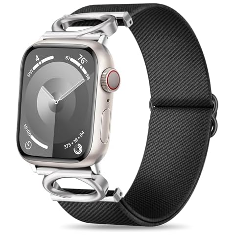 Dressy Double-C Shaped Stretchy Nylon Band Compatible with Apple Watch 41mm 45mm, C Shape Metal Buckle Bracelet Elastic Adjustable Nylon Sport Wristband for iWatch 9/8/7/6/5/4/3/2/1/SE Women Men Cover