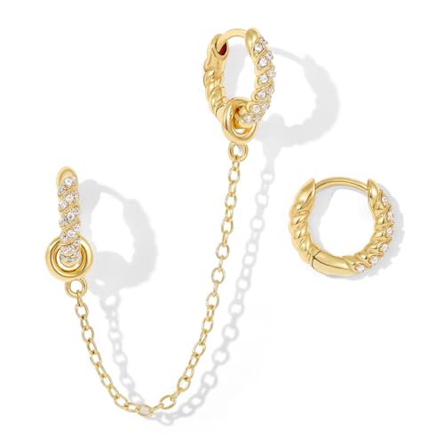 KissYan Chain Earrings for Women, 14K Gold Plated Huggie Hoop Earrings Cubic Zirconia Detachable Multi-Wear Lightweight Hypoallergenic Dainty Jewelry Gifts(Twist)