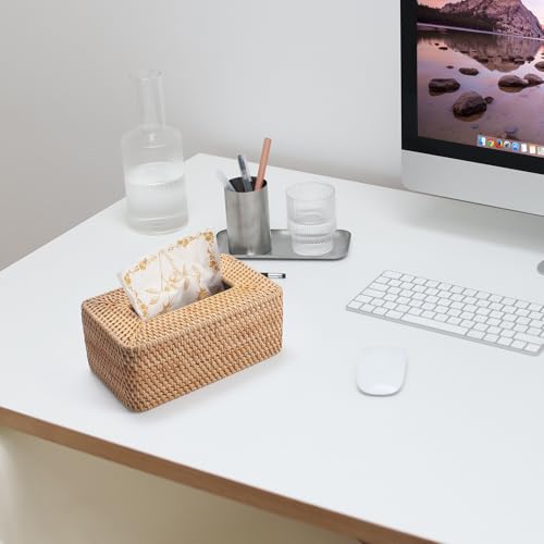 Kosmetiktücherbox aus Rattan, Geflochtener Tücherbox Halter Rechteckig, Gewebter Gesichtstuchhalter, Dekorative Taschentuchbox für Küche, Wohnzimmer, Badezimmer (Natur)
