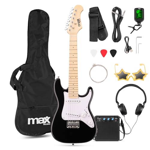 MAX GigKit Junior – Guitarra eléctrica infantil con amplificador, funda, afinador, púas y accesorios – kit guitarra y amplificador ideal para niños y niñas   Negro   1/4 Infantil