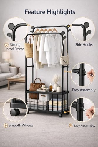 Image of Raawan Heavy Duty Double Rod Clothes Rack with Side Storage Shelves | Metal Garment Stand Organizer | Space Saving Cloth Hanger Stand for Bedroom, Living Room & PG (2 LAYER + BOX BLACK)