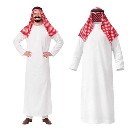 Jococs Arab Costume Arabic Robe Arabian Outfit for Men Sheik Dress Up with Muslim Keffiyeh Head Scarf for Party Cosplay