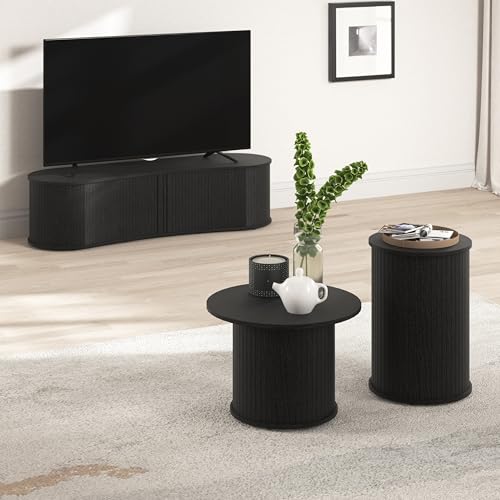 VERTOXIA TV Stand and Coffee Table Set of 3, Living Room Table Set Fluted End Table & Coffee Table & 59&ldquo; Low TV Stand with Sliding Doors for Living Room, Bedroom, No Screws Ultra Fast Assembly, Black