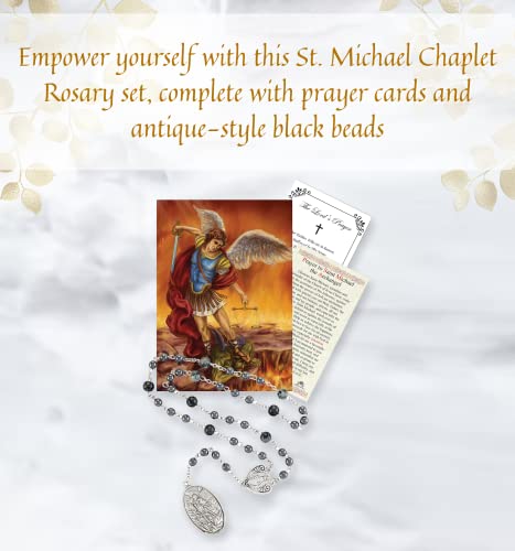 St Michael Chaplet Bead-Saint Michael Chaplet Rosary with St Michael The Archangel Prayer Card, Lord's Prayer Card | Black Beads Antique Style Rosary Beads Catholic for Women and Men | 3 Items Set2