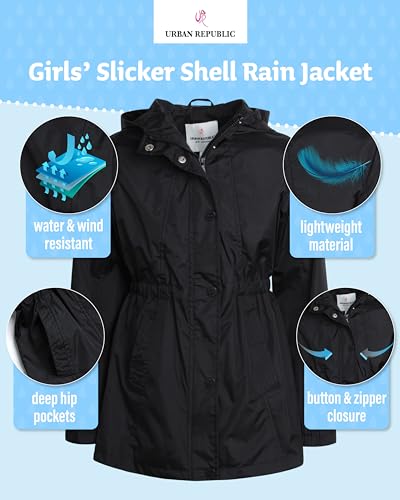 Image of URBAN REPUBLIC Girls Rain Jacket - Lightweight Slicker Shell Rain Coats for Girls Hooded Windbreaker Kids Raincoat